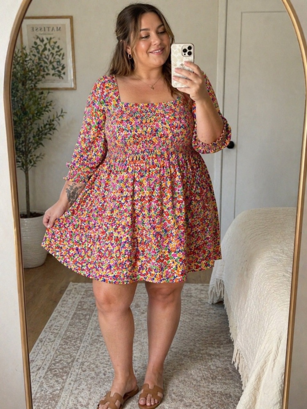 Rixo London Floral Smocked Mini Dress Size 1X Colorful Cottagecore